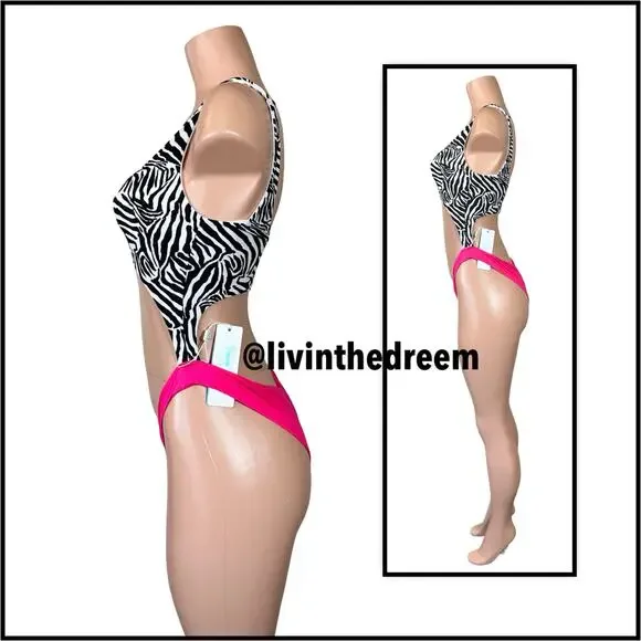 Beach Bunny Kelly Monokini One Piece Zebra Stripe and Barbie Pink SZ L $170